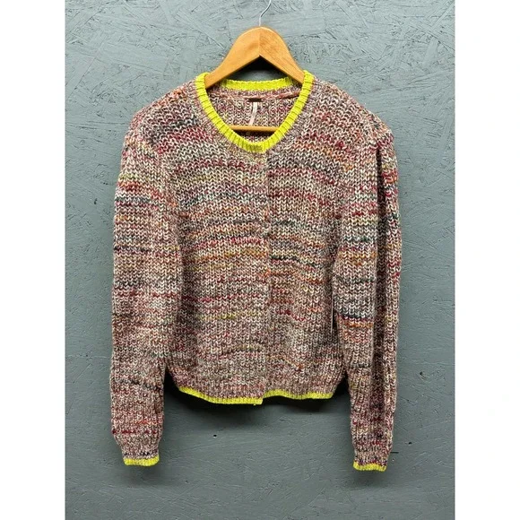 Free People Cardigan Women’s Multi Knit Wool Blend Pullover Neon Trim XS NWT